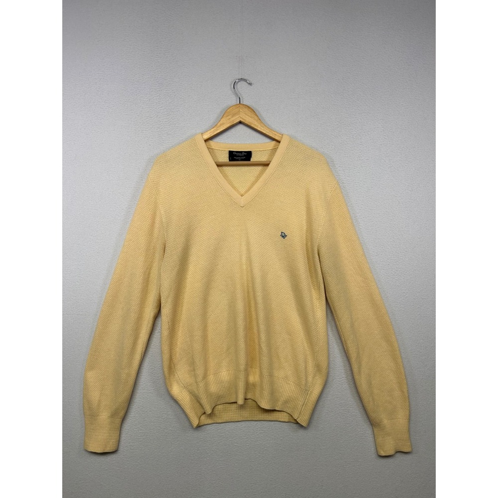 Vintage Preppy Christian Dior Mens Large Yellow V-Neck Orlon Acrylic Sweater